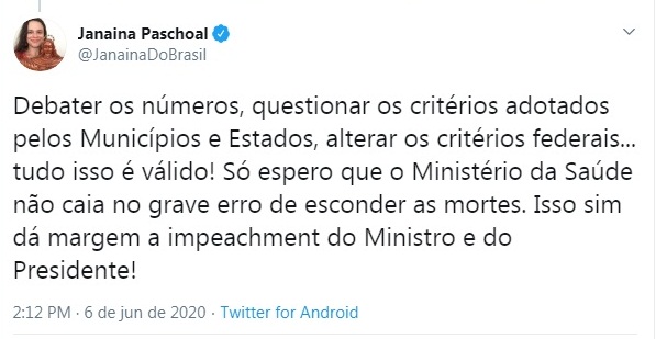 Janaina Paschoal diz que “Esconder mortes” pelo coronavírus pode gerar impeachment de Bolsonaro