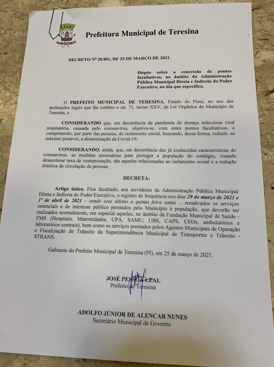 Doutor Pessoa assina decreto e Teresina terá 10 dias de feriadão para reduzir circulação de pessoas