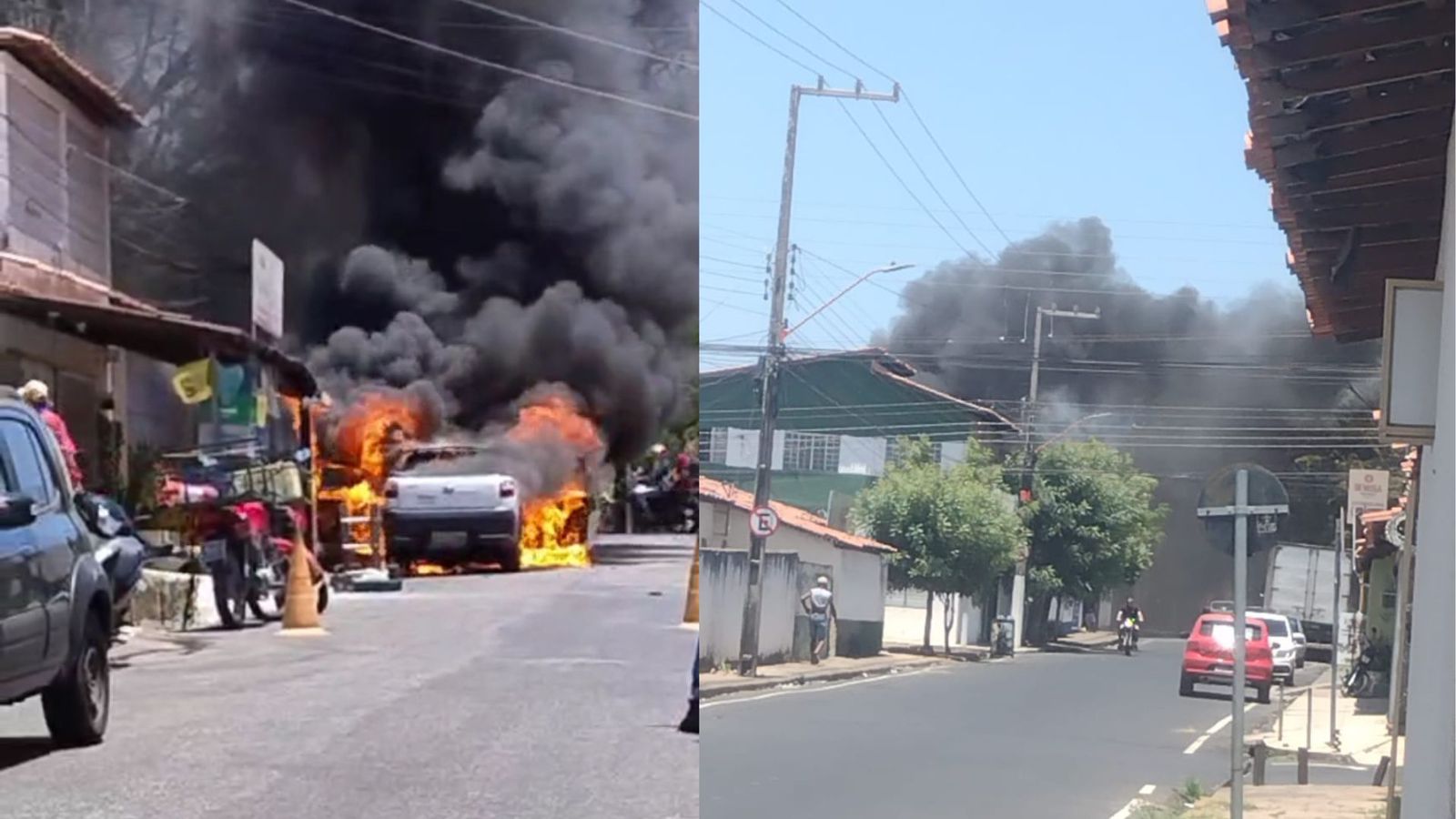 Carro pega fogo em frente a ponto comercial no Bairro Bela Vista